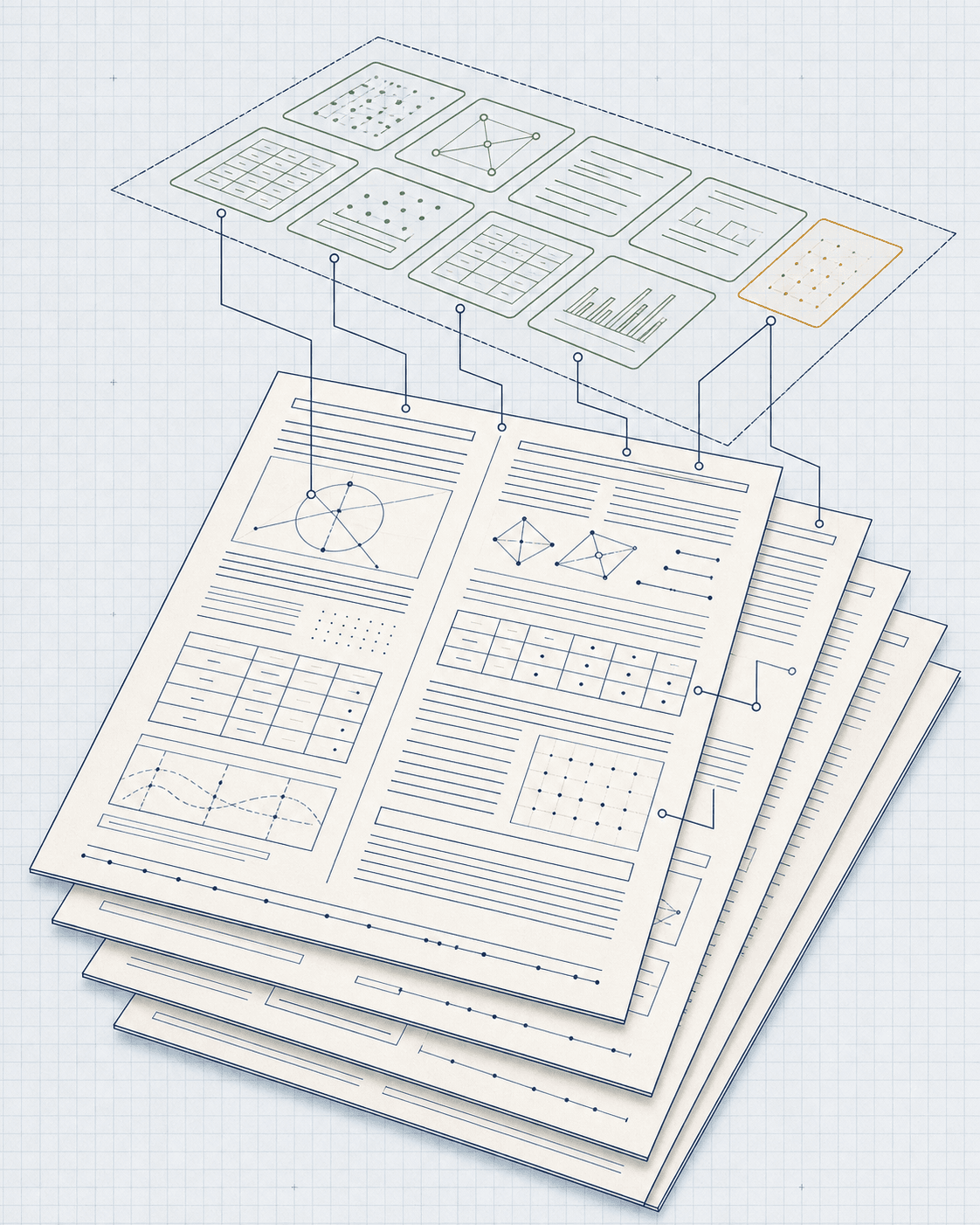A complex scientific paper reconstructed into connected tables, figures, equations, and text